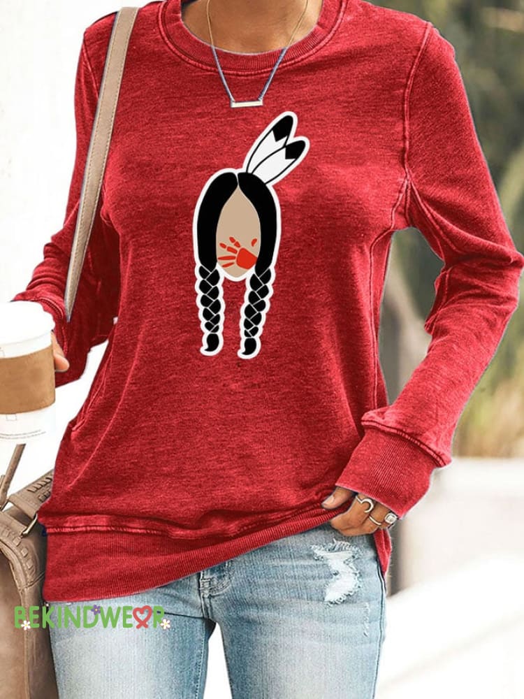 Retro Native American Heritage Month MMIW Awareness Indigenous Hair Print Sweatshirt Red / S