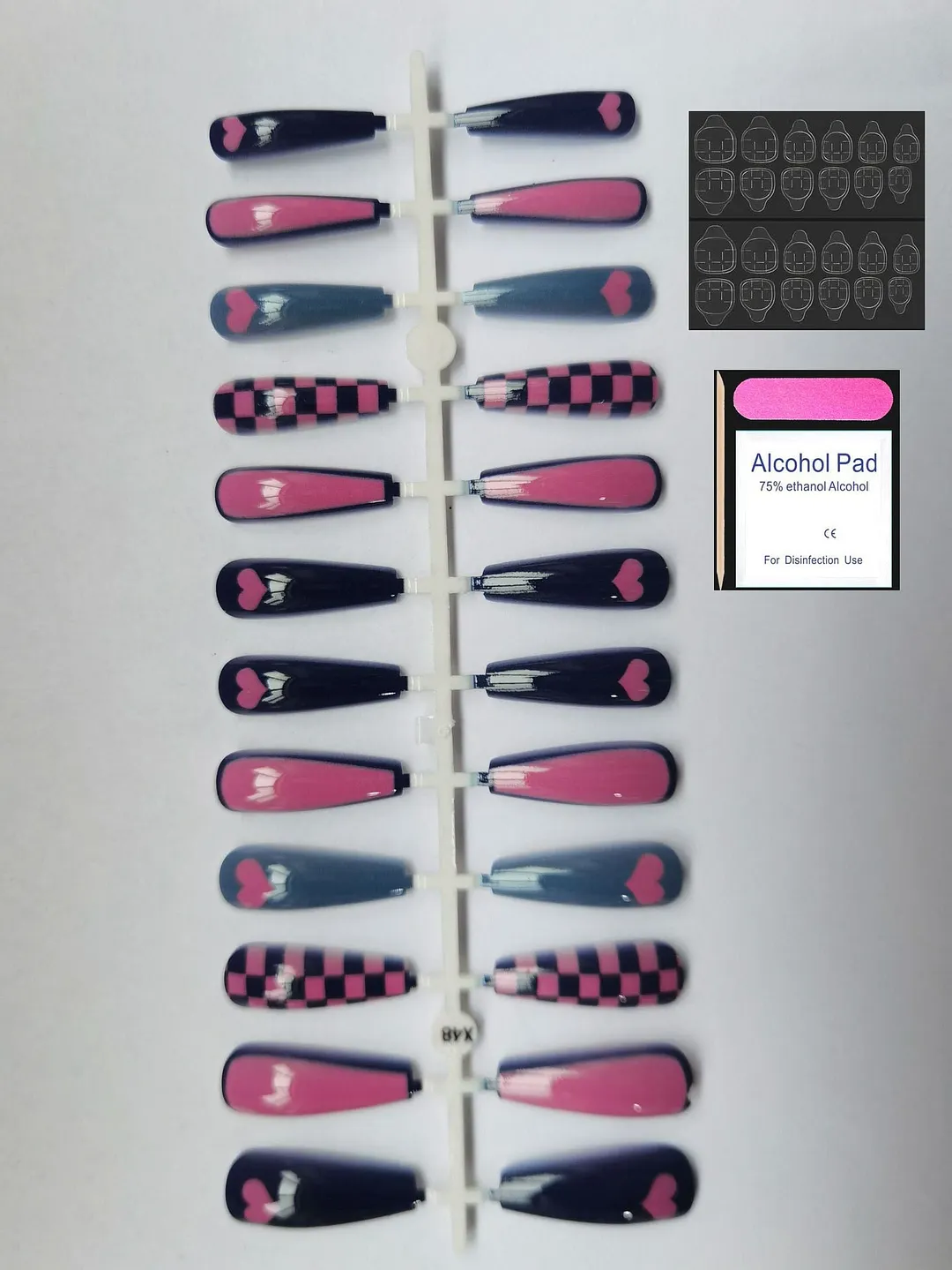 24Pcs Coffee Color With Grids Heart Designs False Nail Full Cover Fake Nails with Glue Detachable Wearable Manicure Nail Tips-Nail Inspo