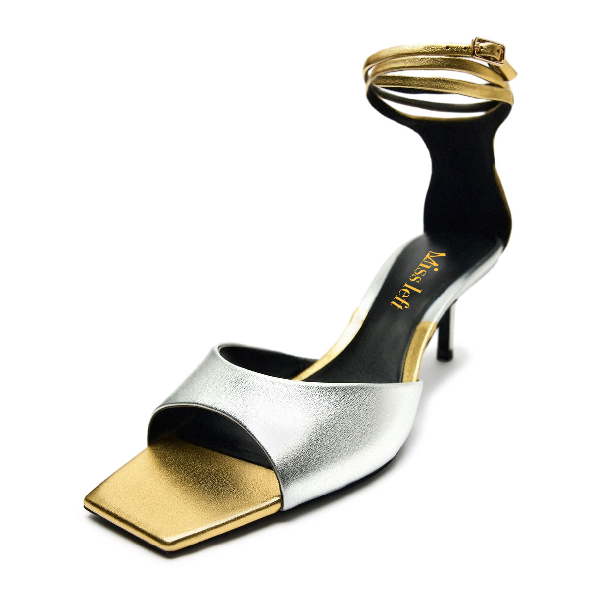 Silver & Gold Metallic Open Toe Strap Summer Sandals with Kitten Heel Nicepairs