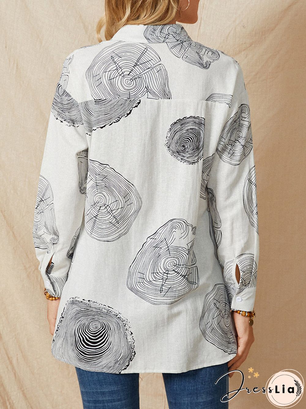 Geometry Print Long Sleeves Casual Loose Blouse With Pockets
