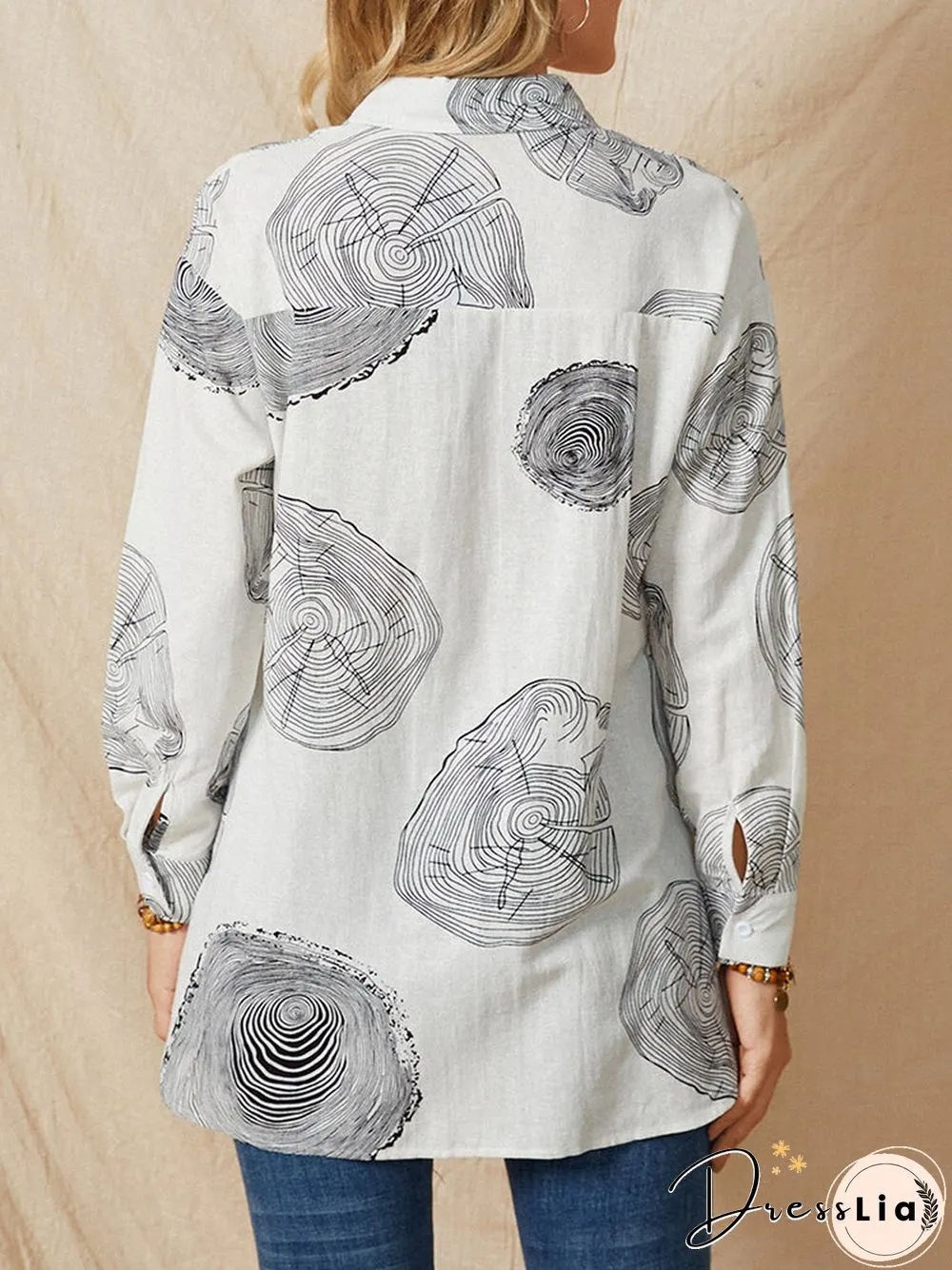 Geometry Print Long Sleeves Casual Loose Blouse With Pockets