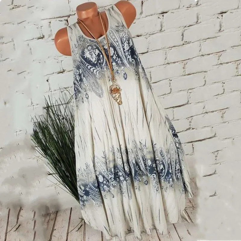 Brownm Temperament Commute Summer Digital Print Sleeveless Round Neck Dress