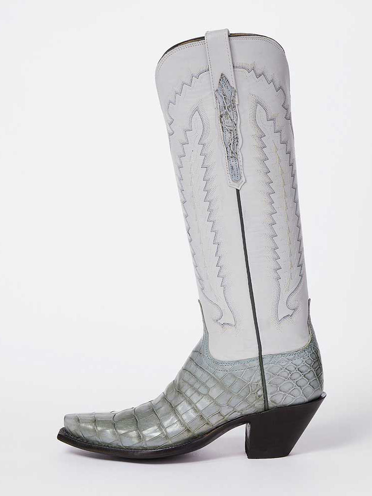 Grey Distressed Snip Toe Croc Embossed Wide Calf Knee Cowgirl Boots
