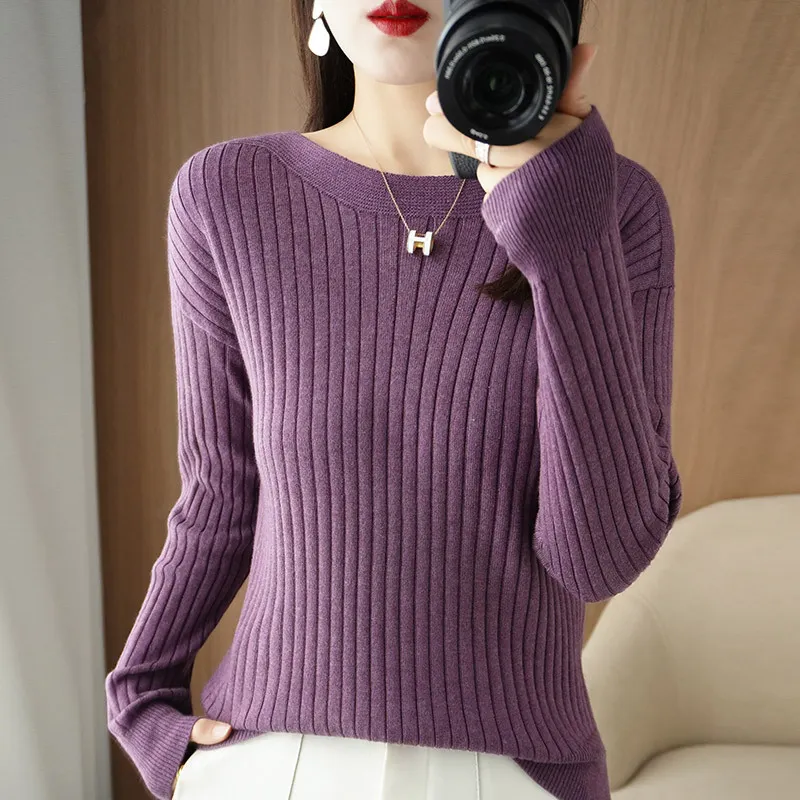 Churchf Churchf Round Collar Knit Women's Thin Early Spring And Autumn With A Sweater Long-Sleeve T-Shirt Wool Undershirt Loose.