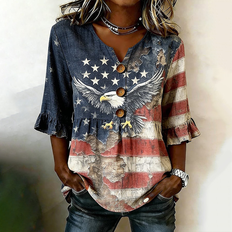 Comstylish Women's Vintage Independence Day Eagle Print Casual Shirt