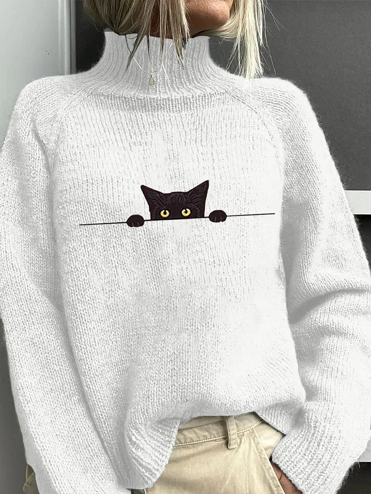 Women's Casual Funny Black Cat Print Sweater