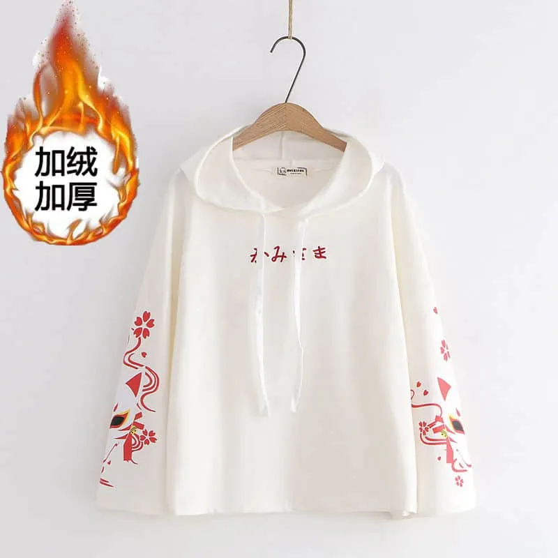 NiceMix Girl Loose Hooded Long sleeve Sweatshirt Harajuku Kawaii Vintage Fushimi Inari Shrine Fox Printed Hoodies Leisure Pullov