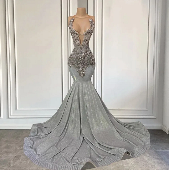 slim fit dress slacks Ballbella Silver Grey Sequins Prom Dress Mermaid with Beads main image 0