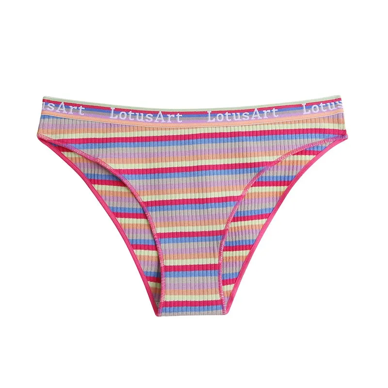 FINETOO Women Rainbow Panties Trendy Colorful Stripes Briefs Sexy Low Waist Underwear Women's Cotton Underpants Ladies Intimate