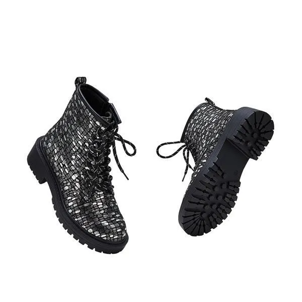 Women Sexy Sequin Lace-Up Ankle Chunky Heel Boots