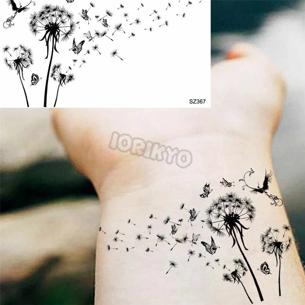 Black Dandelion With Creative Tattoos For Women Men Realistic Sea Wave Mountain Lavender Fake Tattoo Sticker Arm Leg Tatoos 3D