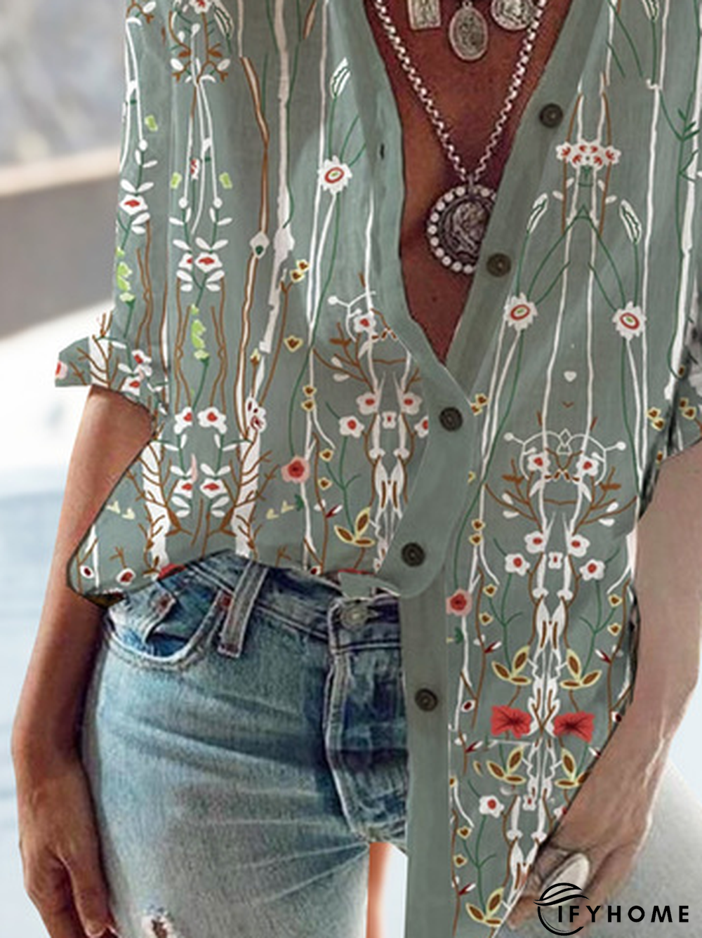 Stand Collar Floral Printed Long Sleeve Blouse | IFYHOME