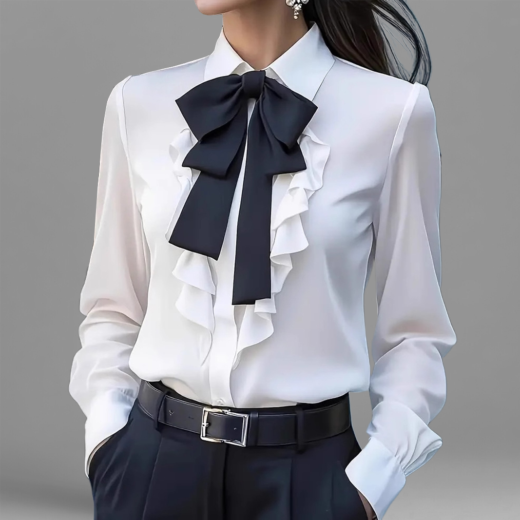 Women's Formal Shirt Collar Bow Tie Ruffles Long Sleeve Blouse