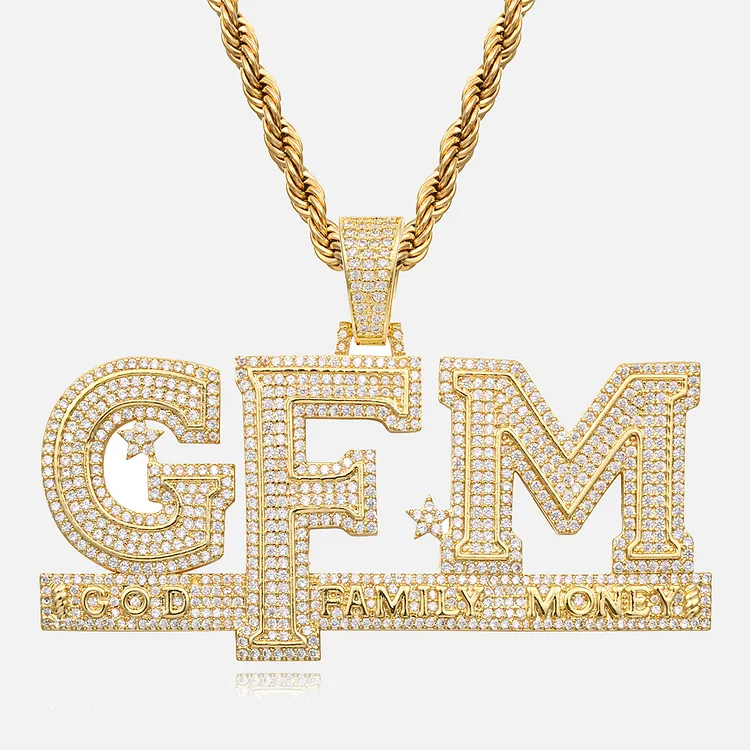 Iced Out "GFM" God Family Pendants Hip Hop Bling Bling Necklaces For Men
