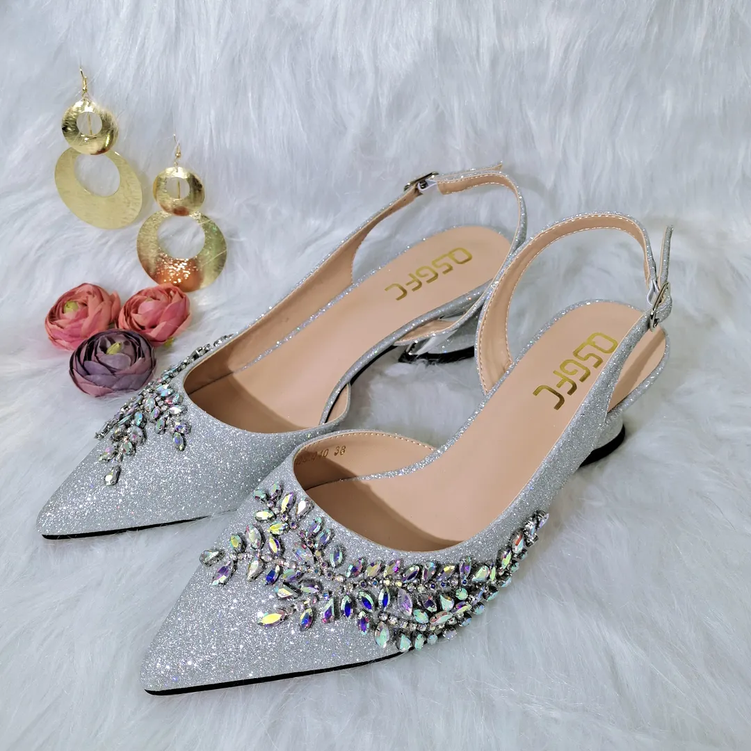 QSGFC 2022 Peach Color Shaped Mid-heel Design Shoes Popular Pointed Ladies Shoes And Bags African Wedding Party Shoes With Bag