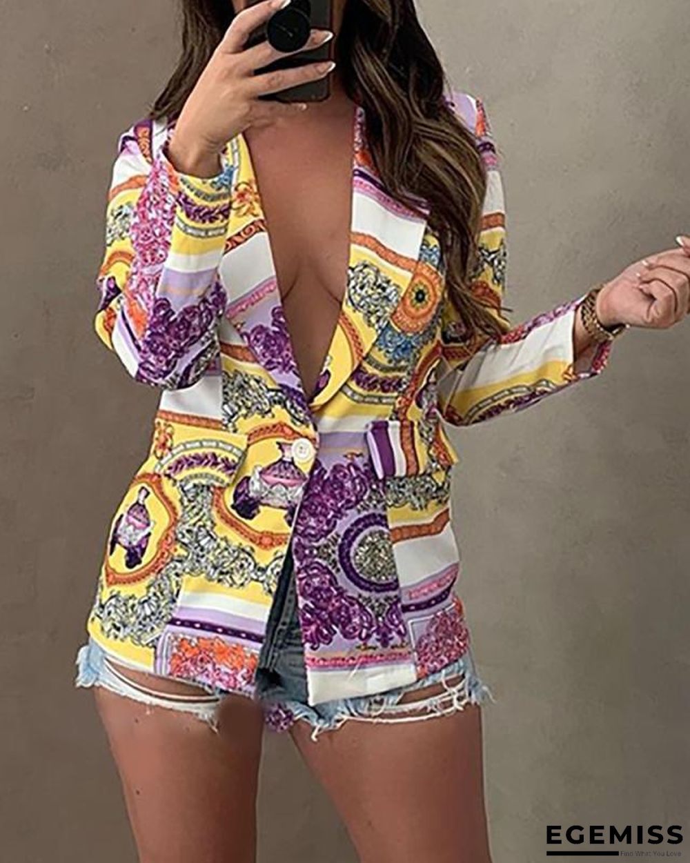 Chain Scarf Print Lapel Collar Single Button Blazer | EGEMISS