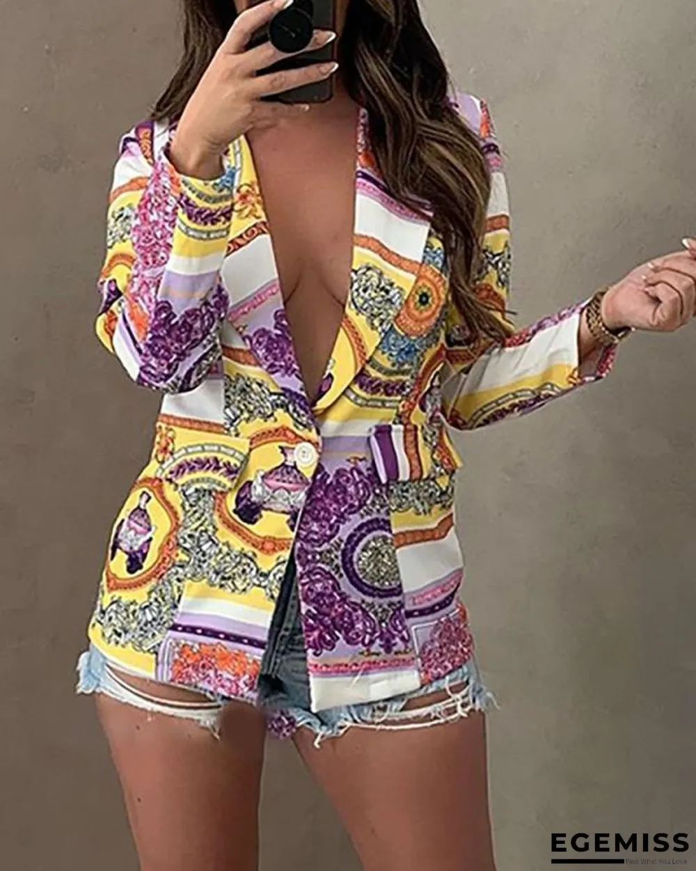 Chain Scarf Print Lapel Collar Single Button Blazer | EGEMISS