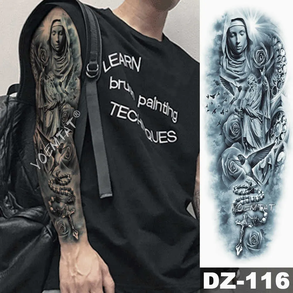 Large Arm Sleeve Tattoo Sketch Lion Tiger Waterproof Temporary Tattoo Sticker Crow Warrior Soldier Men Full Skull Totem Tattoo