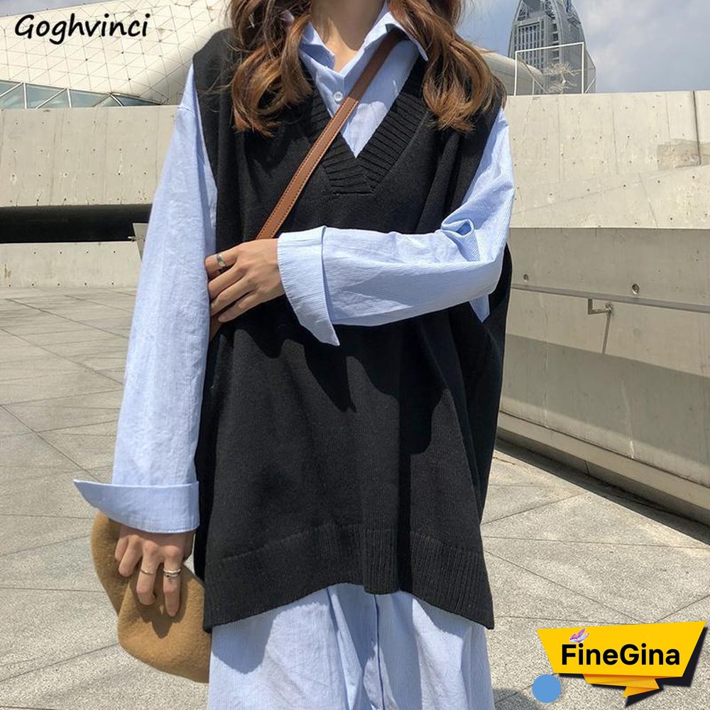 Sweater Vest Women Solid V-Neck Loose Plus Size 3Xl Simple Classic Elegant Office Ladies Vests Ulzzang Chic Leisure New Knitting