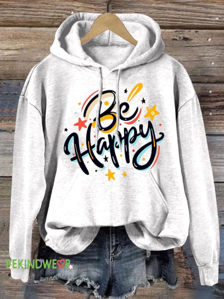 Be Happy Hooded Long-Sleeved Casual Sweatshirt White / S