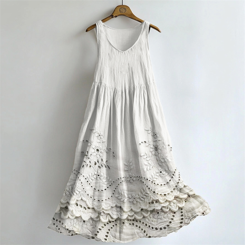 Cottage Floral Lace Embroidered Flowy Linen Tank Dress elevenforest