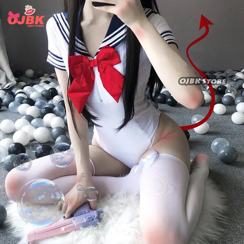 OJBK New Sexy Costumes School Girls Cosplay Exotic Apparel For Women Short Sleeves Bodysuit Adorable Swimsuit With Rosette 2022