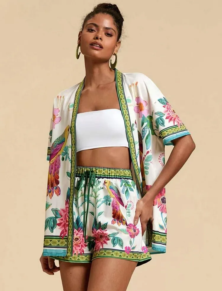 Summer NewFashion Bohemian Printed Cardig an Shorts Set