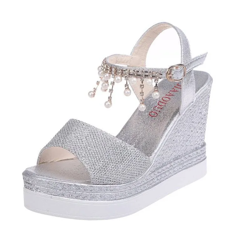 34-40 Size Summer Women Shoe 9cm Heel Height Open Toe Women Sandals Fashion Wedges Pearl Bling Sandals Peep-toe  Easy Match Shoe