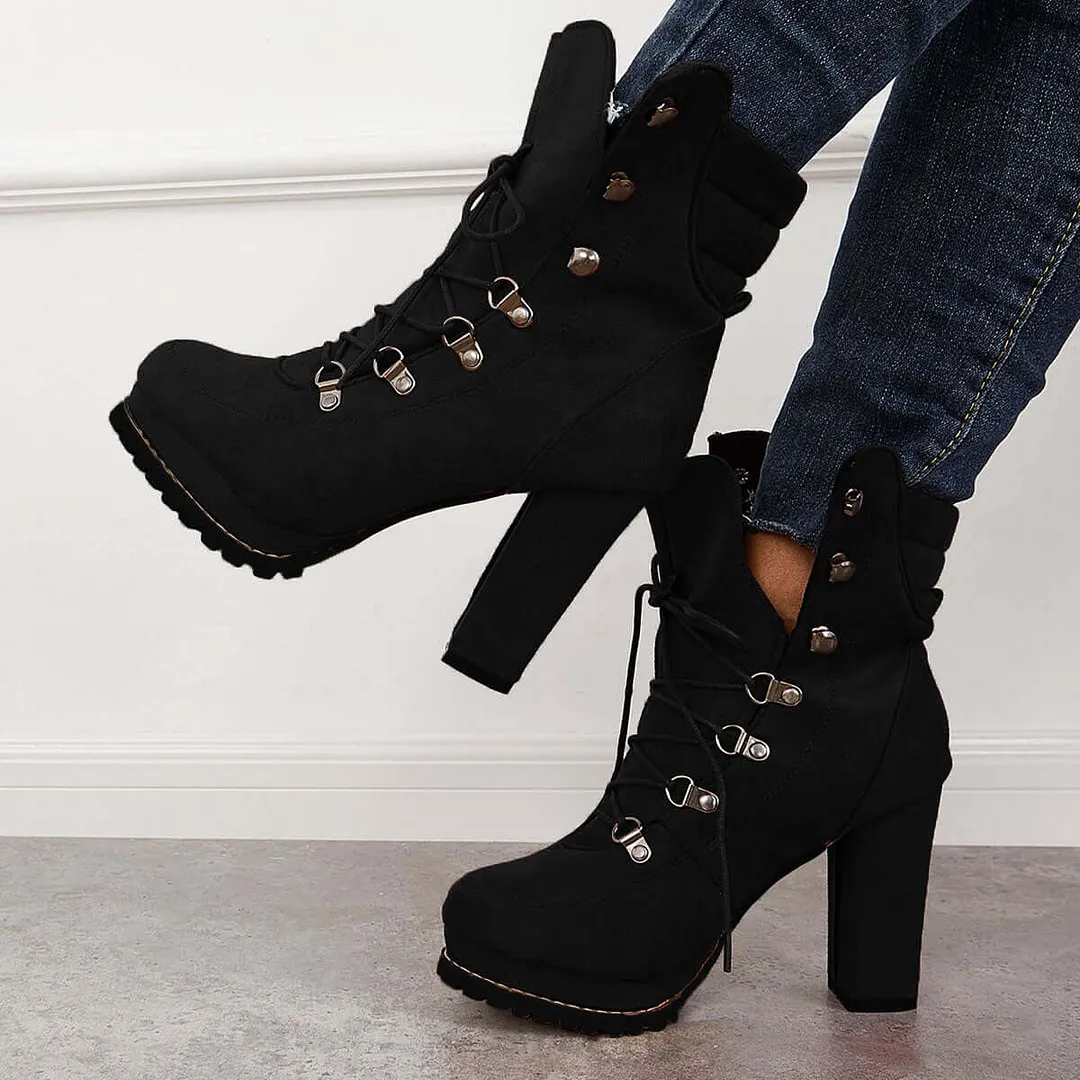 Non Slip Chunky Platform High Heels Lace Up Ankle Boots