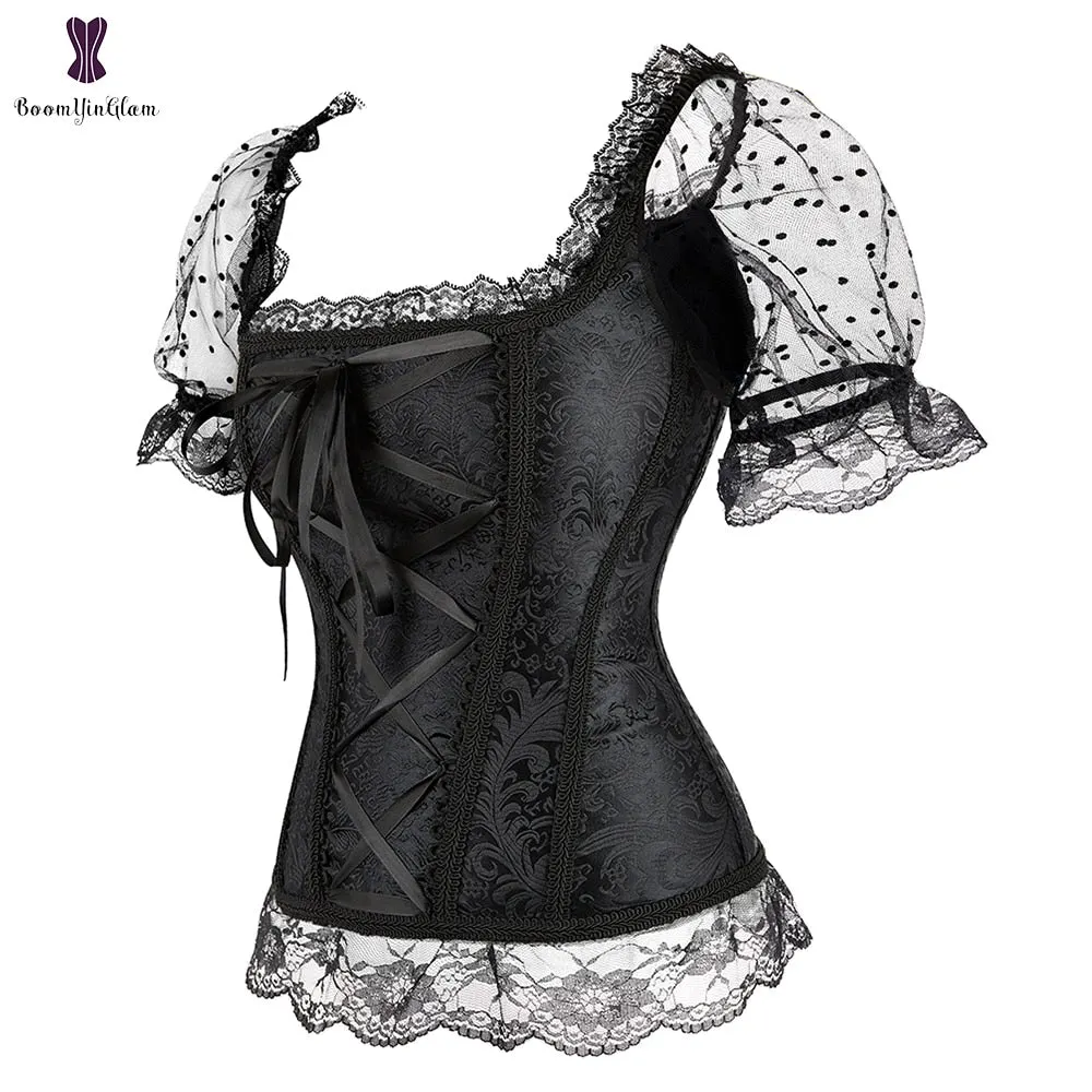 Fashion Princess Style Women Black Lingerie Body Shapewear Lace Bustier Top Short Sleeve Corset