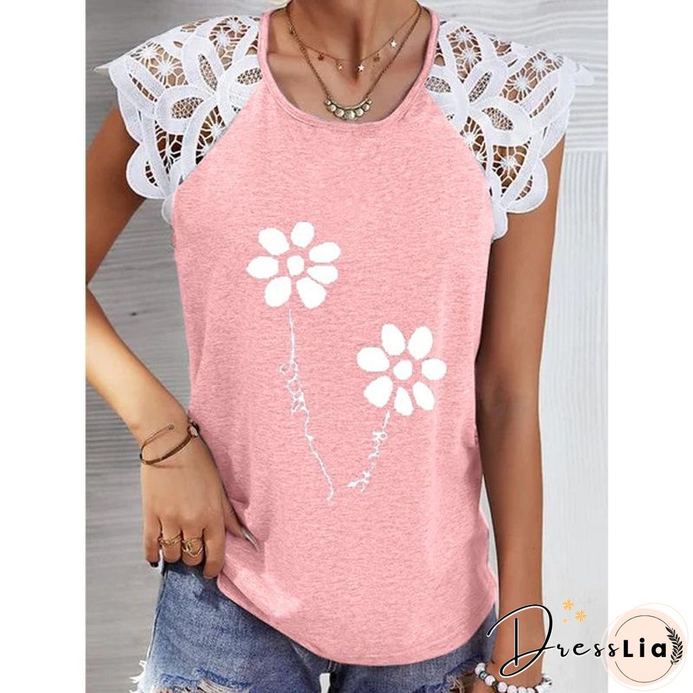 Lace Hollow Sleeve Printed T-Shirt