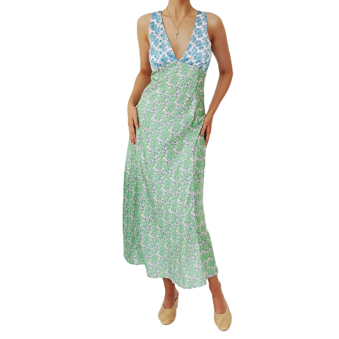 Bohemian Women Summer Midi Dress Vintage Floral Print Deep V Neck Sleeveless Beach Dress Party Clubwear Y2K Streetwear