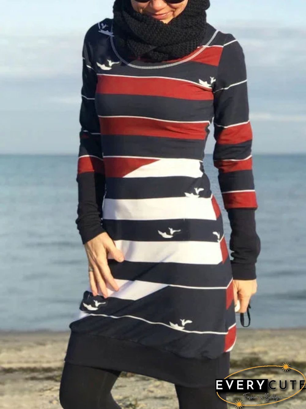 Crew Neck Casual Printed Cotton-Blend Knitting Dress
