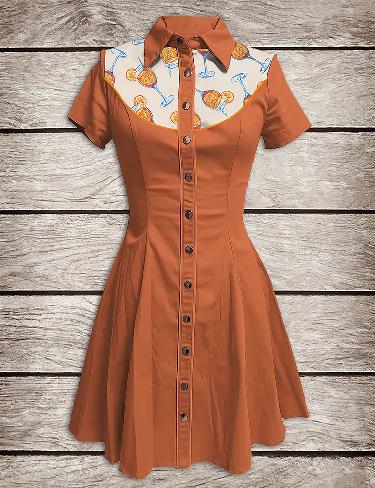 Women&rsquo;s Aperol Spritz Trio Watercolor Button-down Dress Short Sleeves Dress