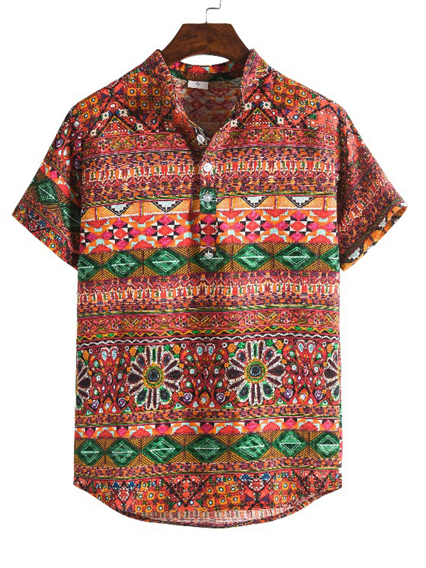 Ethnic Printed Printed Short Sleeves Stand Collar Blouses&shirts Tops