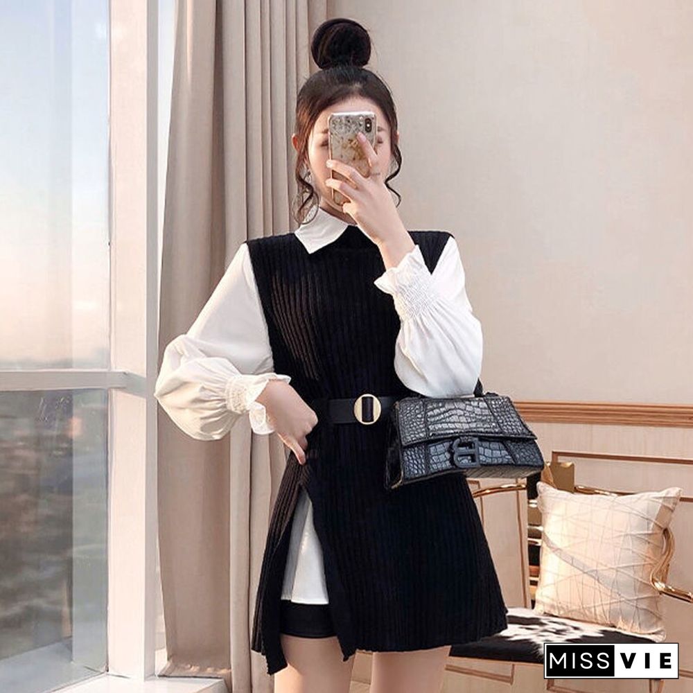 Autumn Fashion Design Shirt And Knitted Vest Women Two Piece Set Solid Black Tanks Casual Loose Coffee O Neck Tanks New