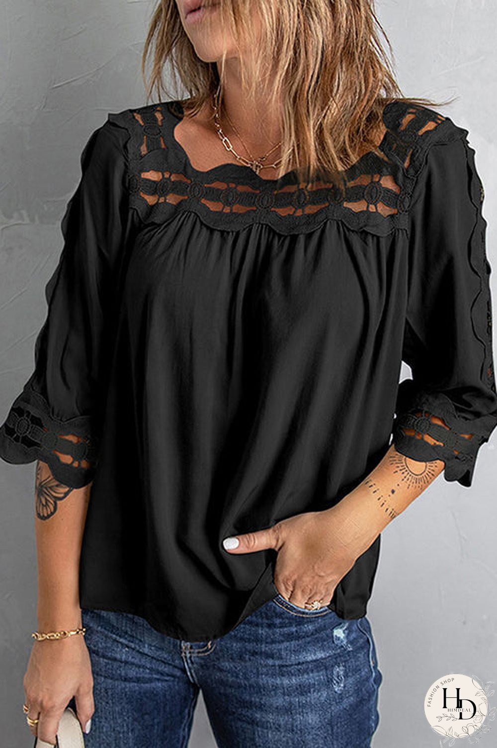 Crochet Trim Hollow Blouse