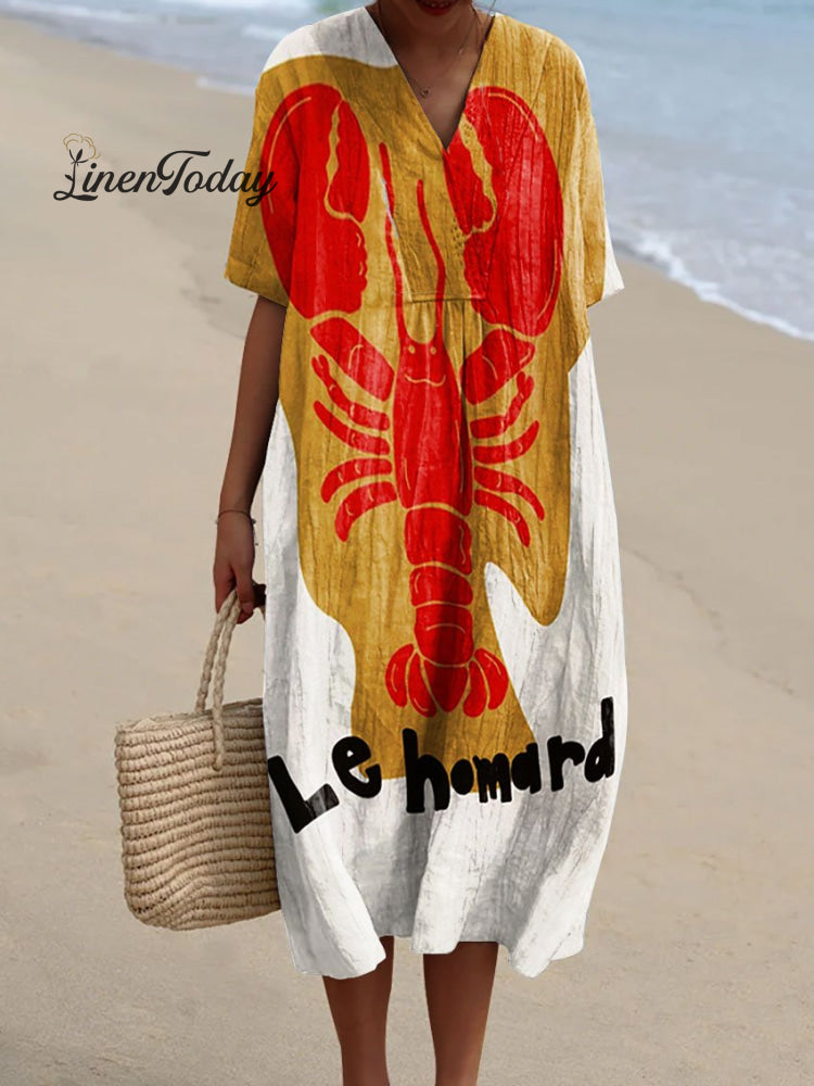 Women&rsquo;s Vintage Fish Lobster Art Print Flowy Dress Multicolor / S