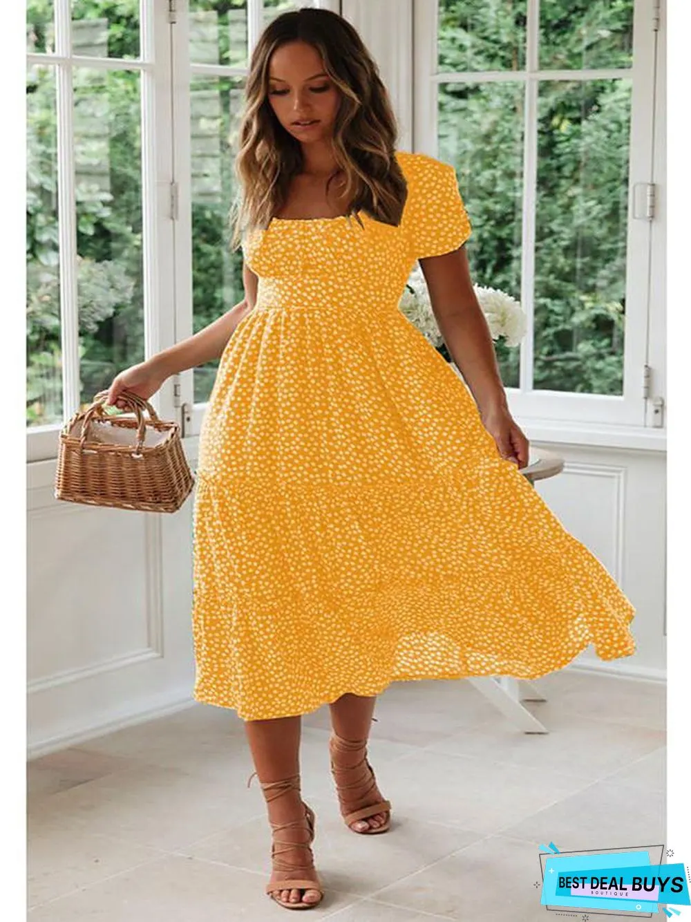 Women's A-Line Dress Midi Dress - Short Sleeve Polka Dot Summer Deep U Hot Casual / Daily Boho Black Red Yellow Green