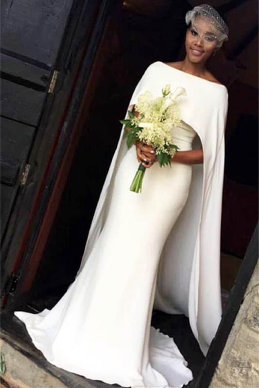 Modern Ivory Mermaid Summer Wedding Dress With Cape PD0976