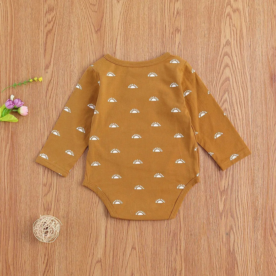 Baby Sunrise Jumpsuits Ginger Printed Pattern Romper, Long Sleeve V-neck One-piece for Boys and Girls, 0-12 Months Spring Autumn