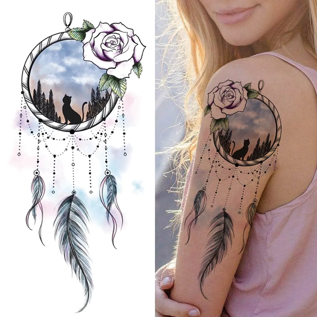 Lily Chains Flower Temporary Tattoos For Women Girl Black Butterfly Dream Catcher Tattoo Sticker Fake Rose Sexy Tatoos Back Body 1108