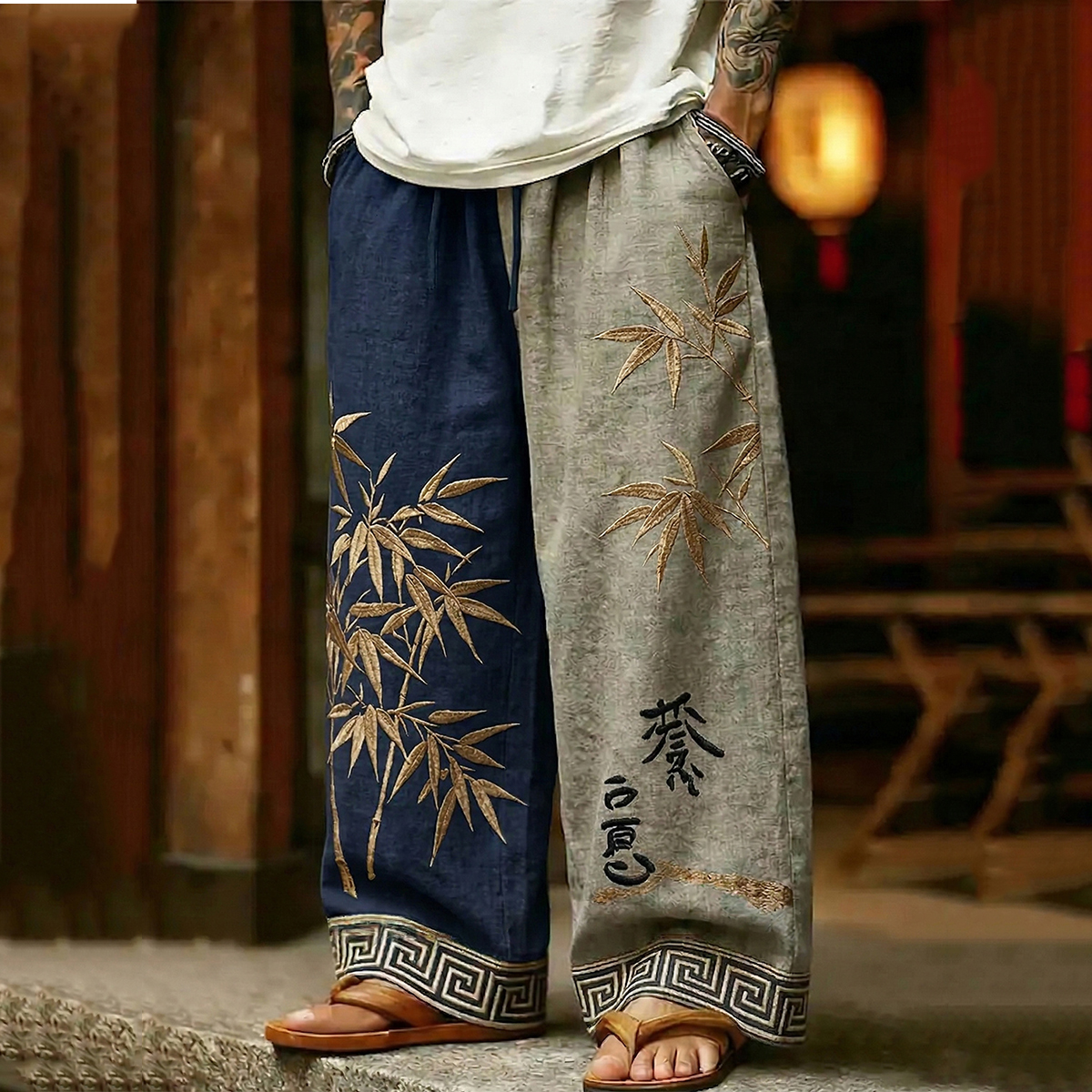 Men's Japanese Bamboo Art Print Color Blocked Linen Blend Pants elevenforest