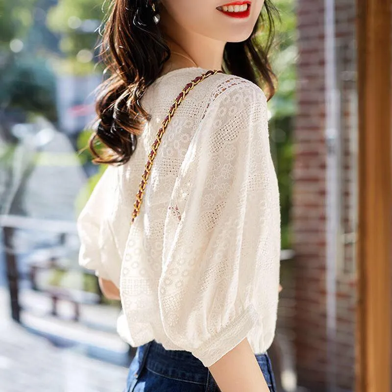 Summer New 2021 Korean Fashion Women's Lantern Sleeve Loose Shirts Embroidery Cotton Lace O-neck Casual Blouses Plus Size 13440