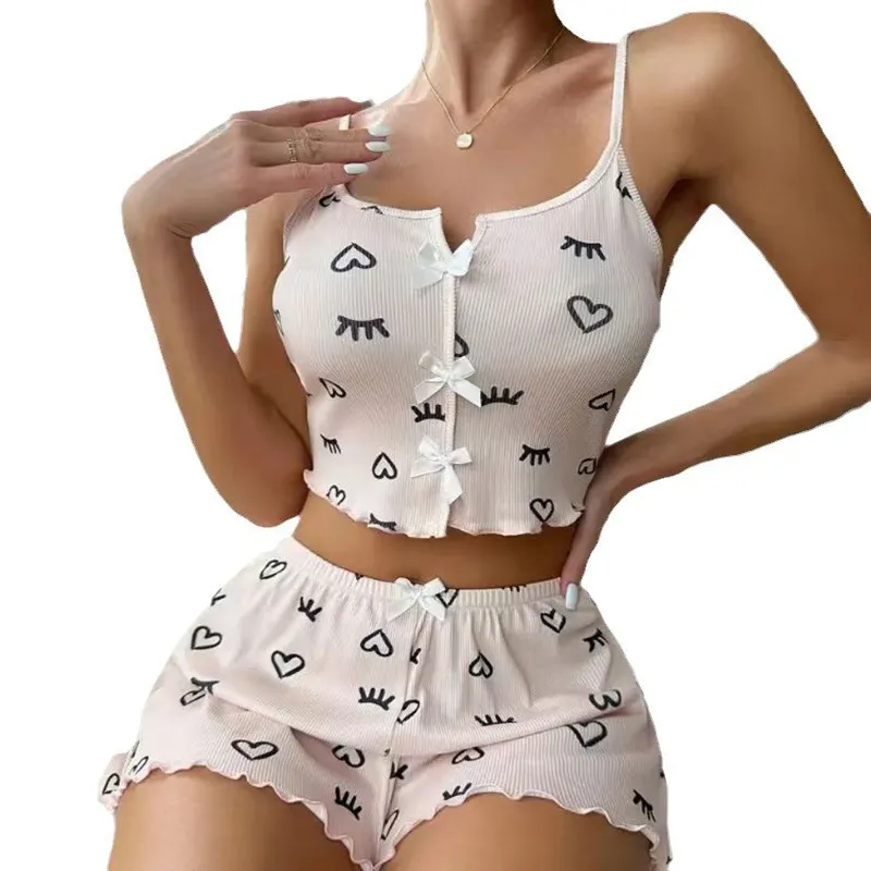 Churchf Heart-Shaped Eyelash Print Pajamas Set V-Neck Slings Shorts Ladies Homewear