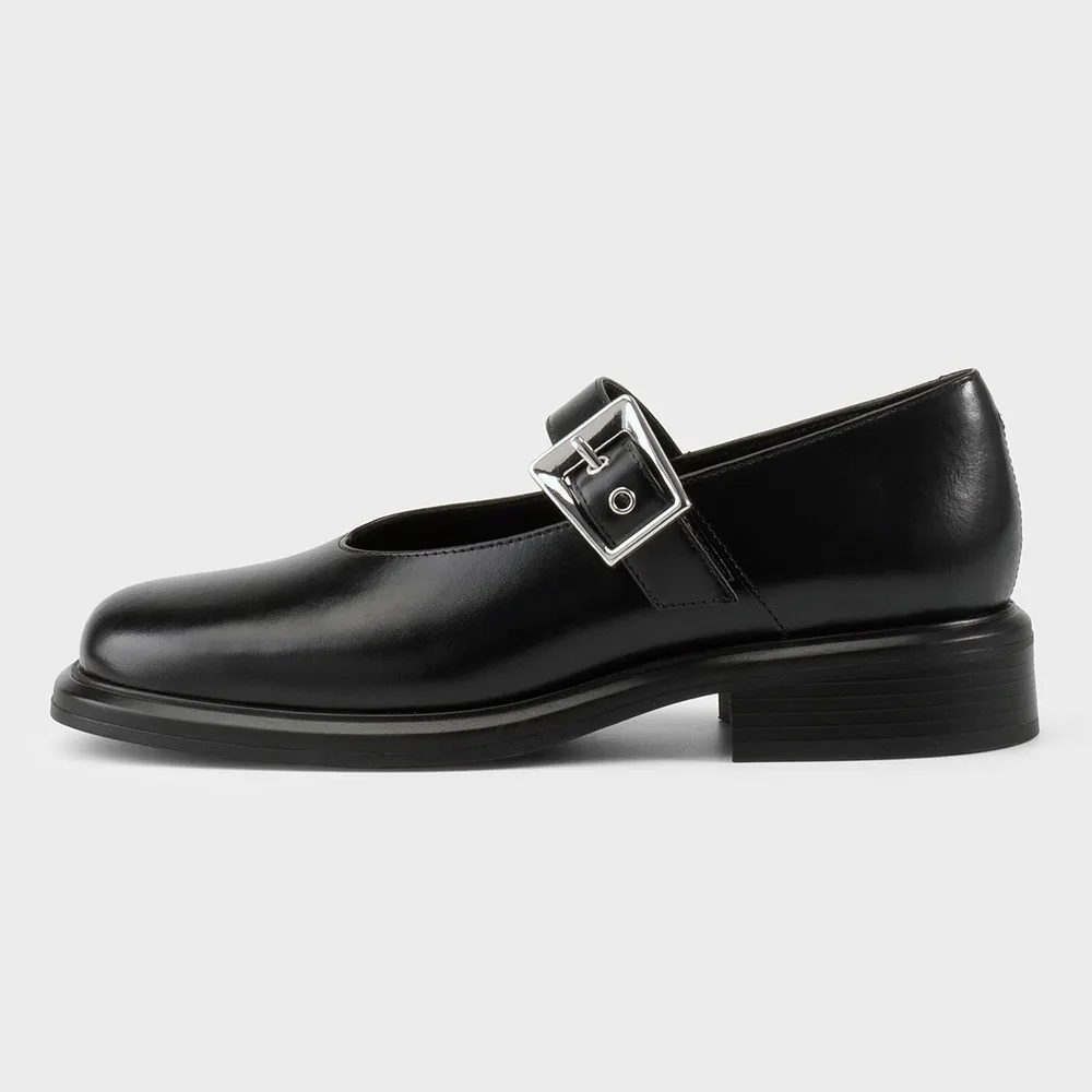 Black Buckle Strap Square Toe Flat Mary Jane Shoes for Women