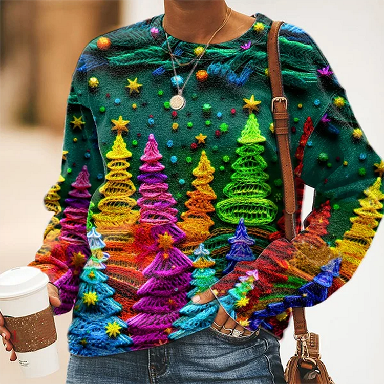 Women's Christmas Colorful Christmas Tree Print Casual Sweatshirt