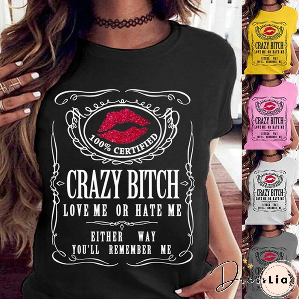 New Women's Funny Graphic Tees Crazy Bitch Shirt Short Sleeve TShirt Casual T-shirt