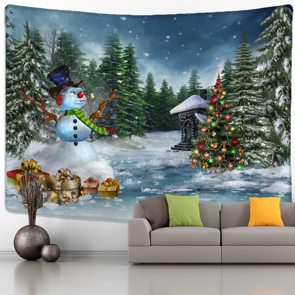 Christmas Tree Snowman Tapestry Wall Hanging Natural Snow Scene Cartoon Oil Painting Aesthetics Room Hippie Home Decor