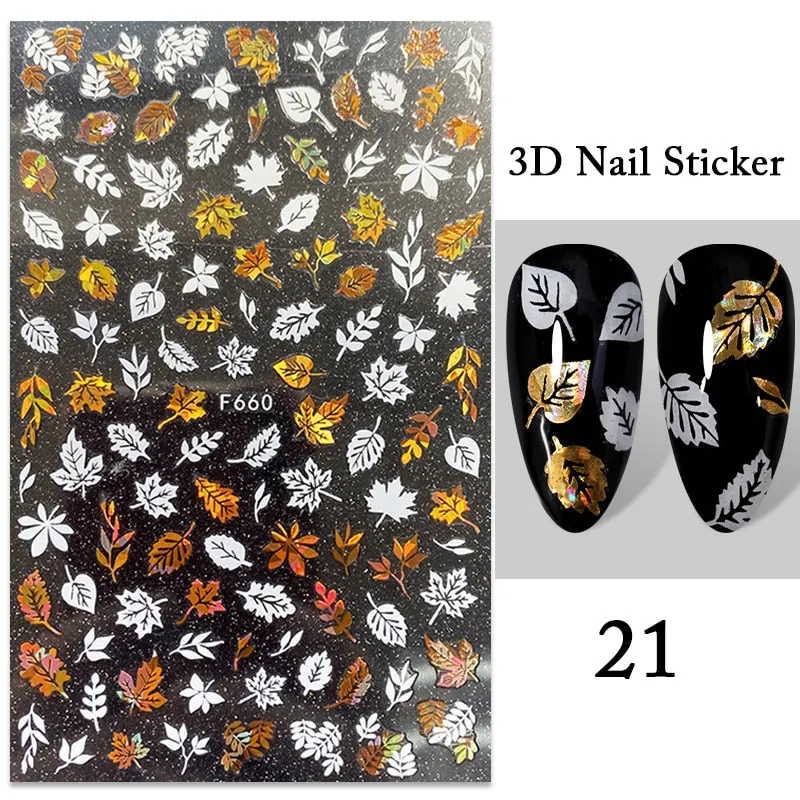 1PC iridescent Gold Black White 3D Nail Sticker Leaves Geometric Tropical Beach Decals DIY Slider Decoration Manicures-Nail Inspo
